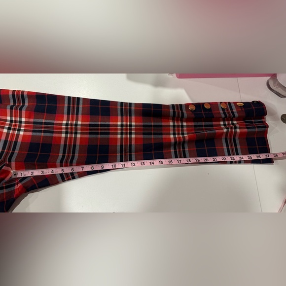 Trina Turk Mercury Plaid Crop Pants Red Navy Tartan Gold Button Size 2 - Picture 8 of 10